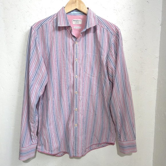 Tommy Bahama | Men's Striped Pink and Blue Button Down Shirt - Picture 2 of 10